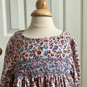 Mini Boden Floral corduroy Long Sleeve Dress with smocked details